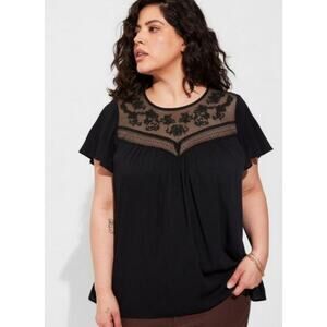 Torrid Flutter Crinkle Gauze Short Sleeve Black Embroidered Lace Top 5/5X Shirt
